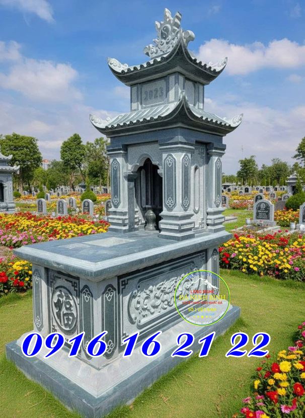 Mẫu mộ hai mái bằng đá xanh rêu đẹp mẫu 15 mộ đá có mái che hai mái đẹp bằng đá bán giá rẻ
