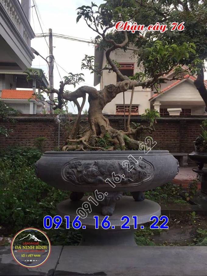 Mẫu chậu đá trồng cây tiểu cảnh hình tròn bằng đá tự nhiên nguyên khối