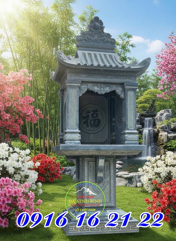 Cấu tạo cây hương ngoài trời có mái che bằng đá gồm đế, trụ cột, mặt ban, khung thờ và mái che